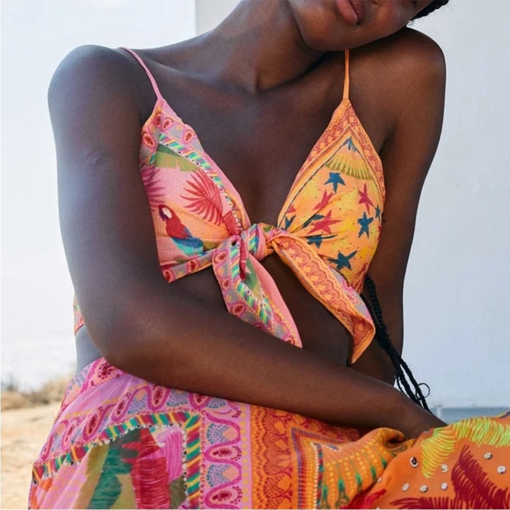 Farm Rio Mixed Scarves Tie Crop Top